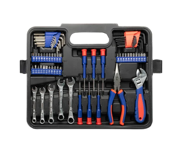 Open tool box isolated. Set of mechanical tools in the case, suitcase or tool kit top view. Black toolbox with repair tool collection, garage instruments