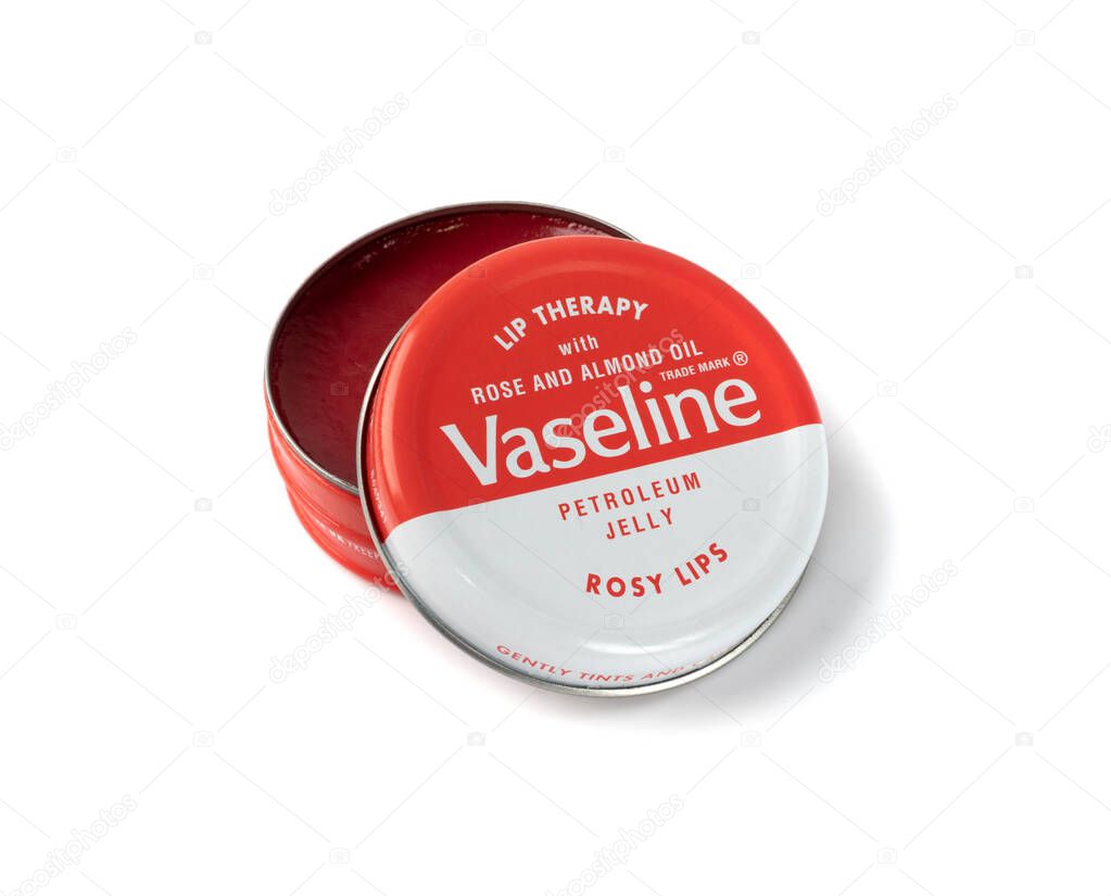 Warsaw, Poland September 10, 2020: Vaseline box isolated. Editorial Image of small open pink cosmetic petroleum jelly tube