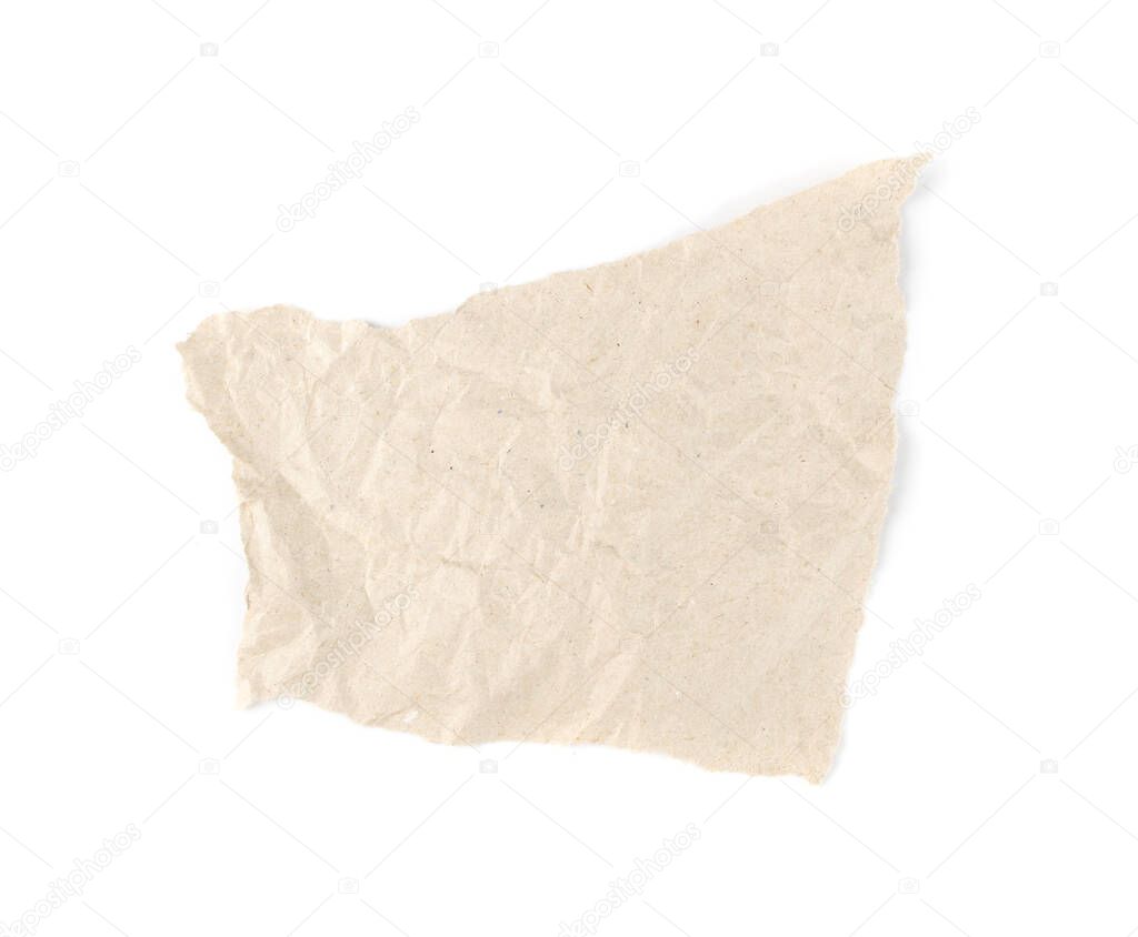 Piece of Brown Wrapping Paper Isolated. Torn Crumpled Wastepaper on White Background Top View. Ripped Beige Wrapper with Copy Space