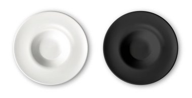 Tasarım modeli için boş siyah beyaz makarna tabakları. Yuvarlak, boş tabak seti. 3d gerçekçi vektör illüstrasyonu