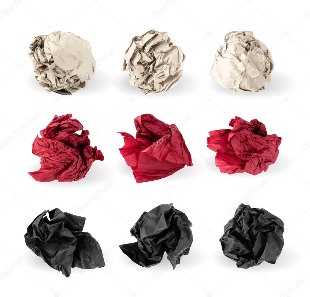 Set of Crumpled Paper Balls Isolated on White background. Natural Textured Wadded Up Document Sheets. Black, Red and Brown Crumpled Up Paper Ball Collection