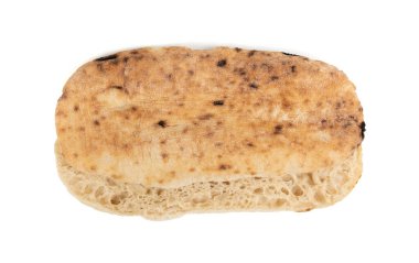 Focaccia yassı ekmekleri yalıtılmış. Panini için basit boş Afocaccia, beyaz arkaplan görünümlü minimal İtalyan dikdörtgen ekmeği