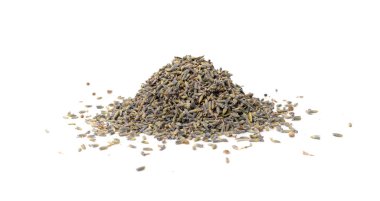 Kuru lavanta çiçekleri, lavanta parfüm tomurcukları, taç yaprakları, mis kokulu leylak çiçekleri, menekşe tohumları, beyaz arka planda küçük kurumuş mor çiçekler, kopya alanı