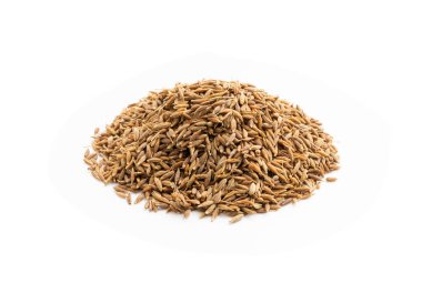 Kimyon yığını izole edildi. Kaz ya da rezene çekirdekleri yakın çekim, zeera makro, Hint kimyon ya da zira tahıllar üst görünüm, Asya mutfağı çeşnili jeera ya da beyaz arka plan görünümlü kimyon