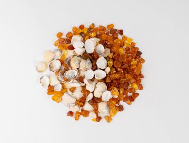 Kehribar taşları izole, cilalanmış turuncu taşlar, doğal Baltık kehribar taşları, altın fosilleşmiş ağaç reçine kristalleri, parıldayan kopal cabochon grubu, beyaz arka planda süksinit.