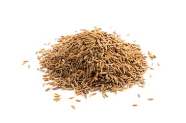 Kimyon yığını izole edildi. Kaz ya da rezene çekirdekleri yakın çekim, zeera makro, Hint kimyon ya da zira tahıllar üst görünüm, Asya mutfağı çeşnili jeera ya da beyaz arka plan görünümlü kimyon