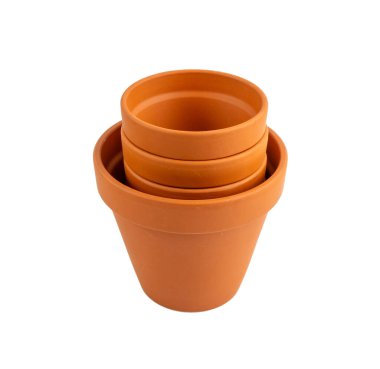 Boş terasotta saksıları, kil bahçesi vazosu, kahverengi seramik saksı, terra cotta saksısı, beyaz arka planda bahçe çömleği.