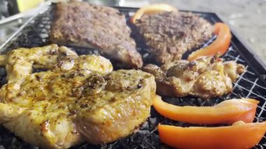 Küçük Izgara veya Taşınabilir Barbekü. Mini Bbq 'ı dumanla hazırlamak, et ızgarası yapmak, Park' ta Fast Food.