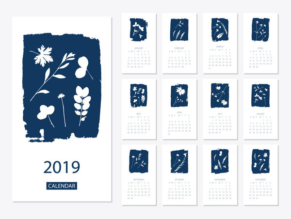 Vector of 2019 new year calendar with plants.
