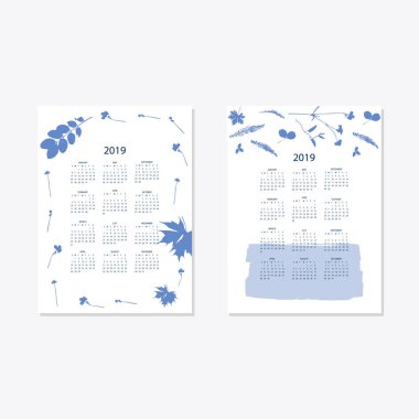2019 çiçek dekoratif şık takvim stili cyanotype mavi