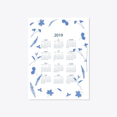 2019 çiçek dekoratif şık takvim stili cyanotype mavi