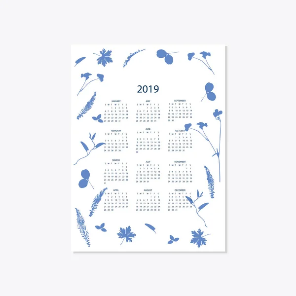 2019 květinové dekorativní elegantní kalendář styl kyanotypie modrá — Stockový vektor