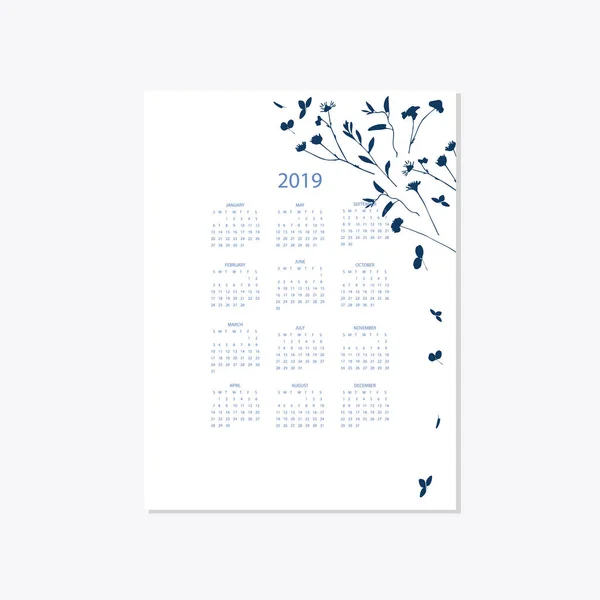 2019 kwiat ozdobny kalendarz elegancki styl cyjanotypii niebieski — Wektor stockowy
