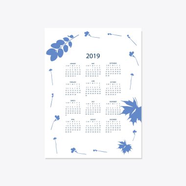 2019 çiçek dekoratif şık takvim stili cyanotype mavi