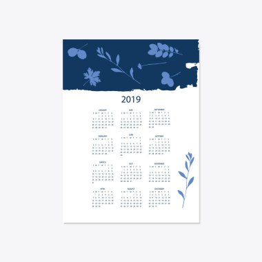2019 çiçek dekoratif şık takvim stili cyanotype mavi