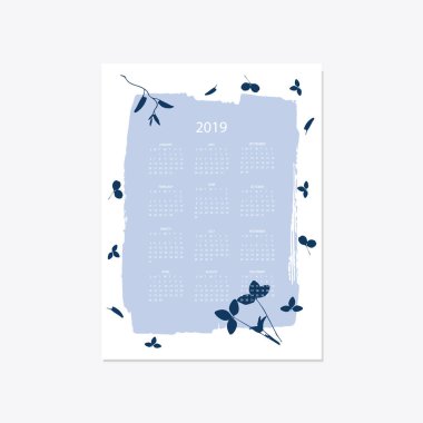 2019 çiçek dekoratif şık takvim stili cyanotype mavi