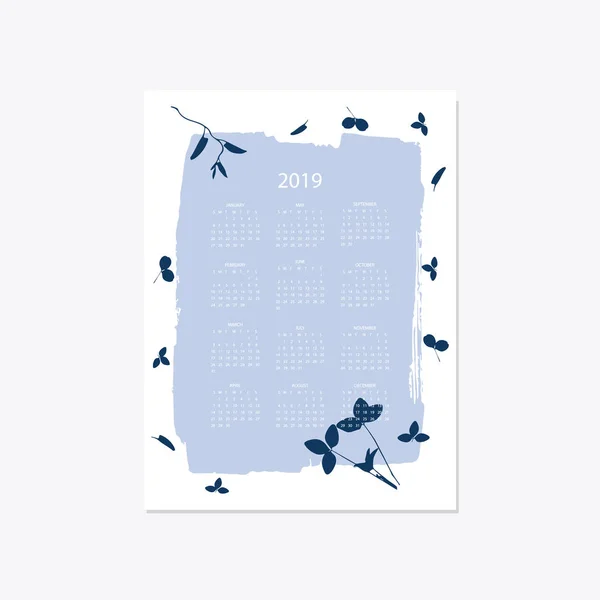 2019 bloem decoratieve elegante kalender stijl cyanotypie blauw — Stockvector