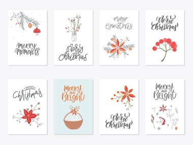 8 şirin mutlu Noeller hediye kartları koleksiyonu. Sekiz yazdırılabilir elle çizilmiş tatil posterler şablonları kümesi. Vektör mevsimlik kartpostal tasarımı.