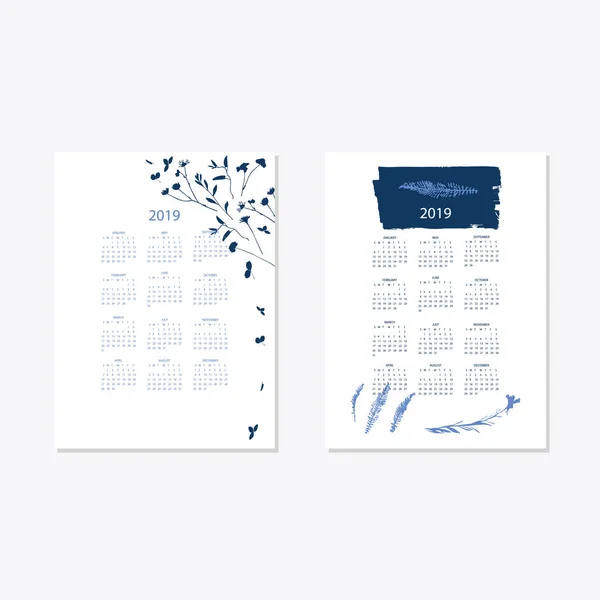 2019 flor decorativo elegante calendário estilo cianotipo azul —  Vetores de Stock