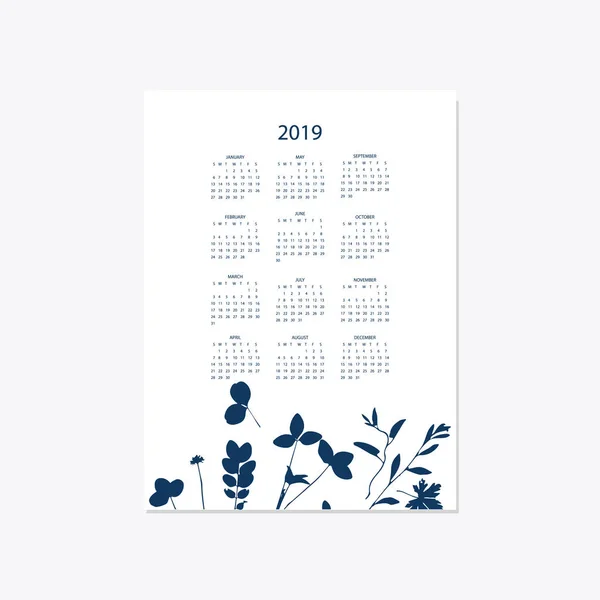 2019 bloem decoratieve elegante kalender stijl cyanotypie blauw — Stockvector