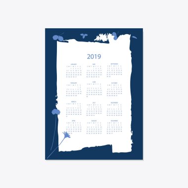 2019 çiçek dekoratif şık takvim stili cyanotype mavi