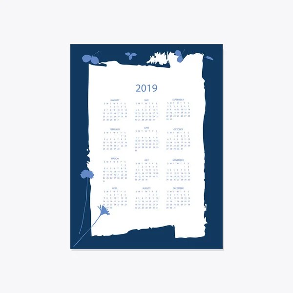 2019 fleur décoratif élégant calendrier style cyanotype bleu — Image vectorielle