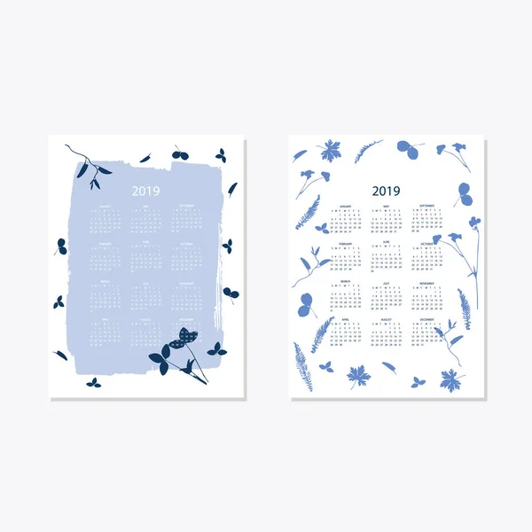 2019 λουλουδιών διακοσμητικό ημερολόγιο κομψό στυλ cyanotype μπλε — Διανυσματικό Αρχείο