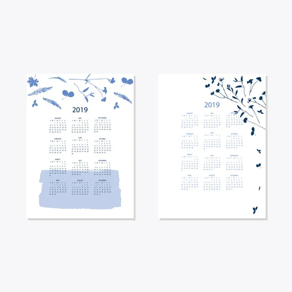 2019 flor decorativa elegante calendario estilo cianotipo azul — Vector de stock