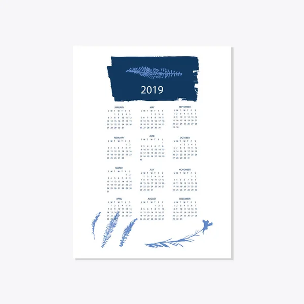 2019 flor decorativo elegante calendário estilo cianotipo azul — Vetor de Stock