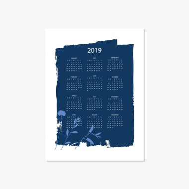 2019 çiçek dekoratif şık takvim stili cyanotype mavi