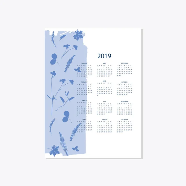 2019 bloem decoratieve elegante kalender stijl cyanotypie blauw — Stockvector