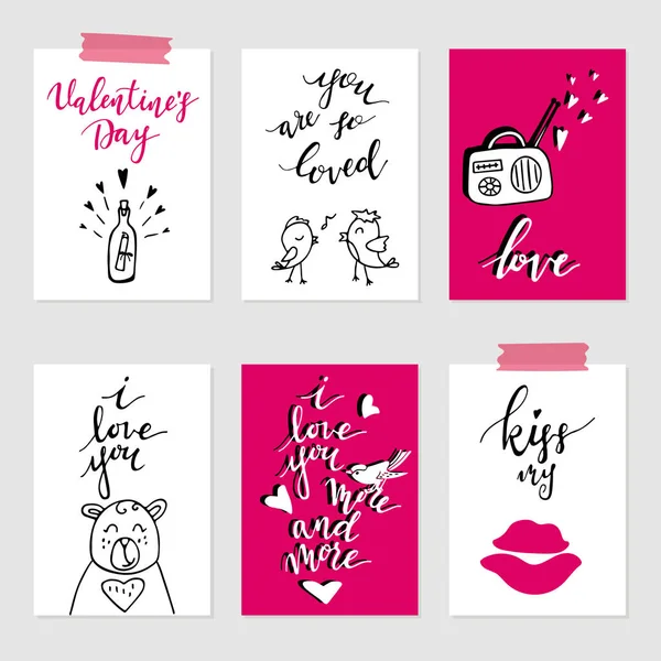 Valentinstag-Grußkarten-Set, handgezeichnete Geschenkanhänger — Stockvektor