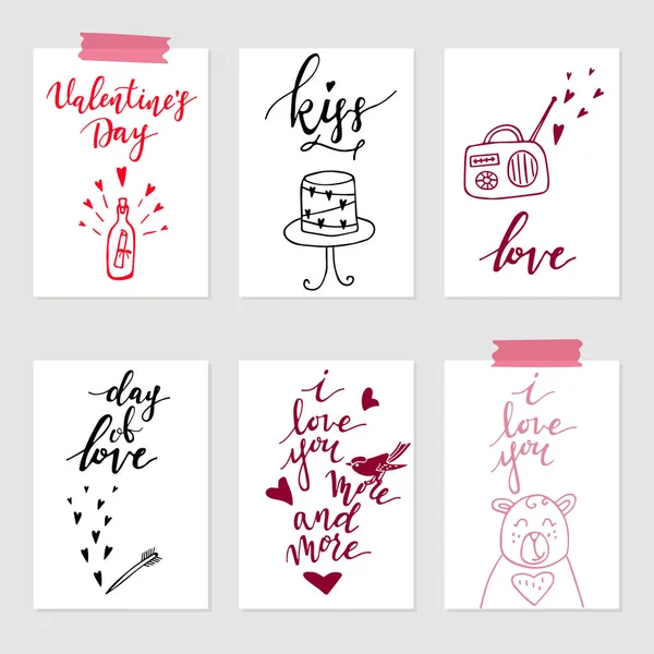 Conjunto de tarjetas de felicitación del día de San Valentín, etiquetas de regalo dibujadas a mano — Vector de stock
