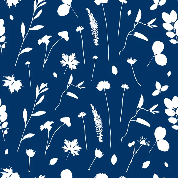 Vektör şirin cyanotype sorunsuz çiçek deseni çiçek öğeleri