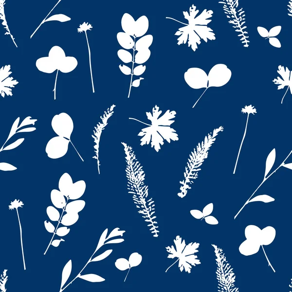 Vektör şirin cyanotype sorunsuz çiçek deseni çiçek öğeleri