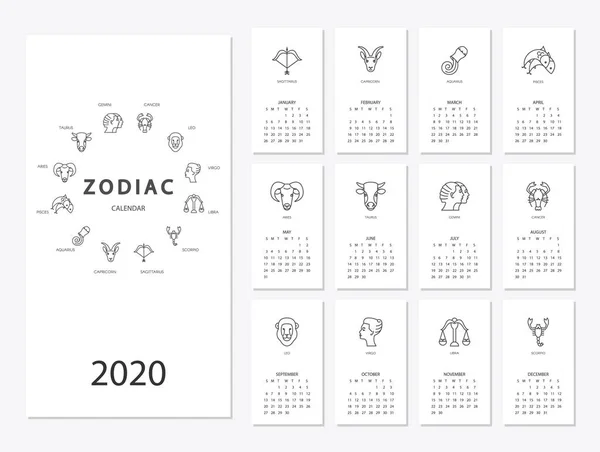 Calendário 2020 com signos horóscopo conjunto de símbolos do zodíaco — Vetor de Stock