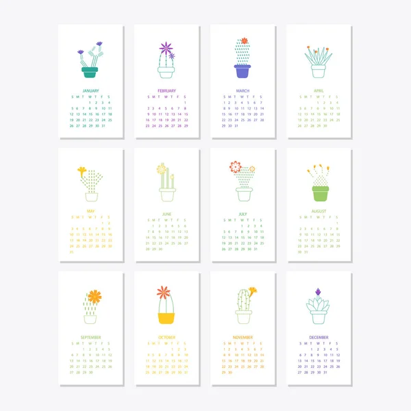 Calendario 2020 conjunto con suculentas de cactus en minimalista — Vector de stock