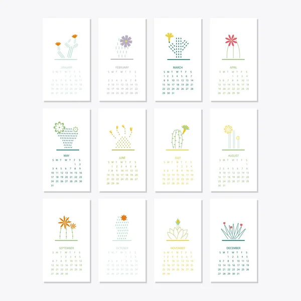 Kalendarz 2020 zestaw z sukulenty kaktusów w minimalistyczne — Wektor stockowy