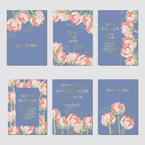 Elegante floreale invito set carta moderna in tulipani — Vettoriale Stock