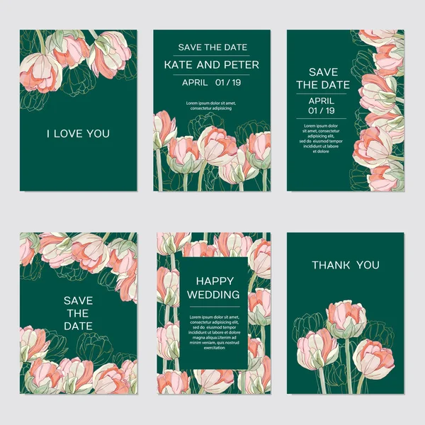 Elegante floral invitan a set tarjeta moderna en tulipanes Ilustración De Stock