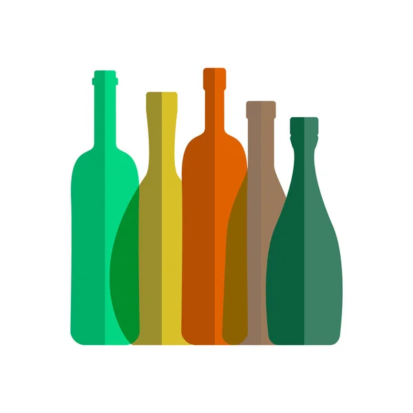 透明酒瓶平面图标 多彩多姿的酒精容器在白色背景 — 图库矢量图片
