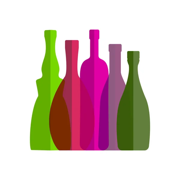 Transparent Wine Bottle Flat Icon Multicolored Alcohol Containers White Background — Stock Vector