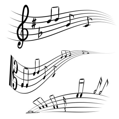 El müzik notlar resimde çekilmiş. Beyaz arka plan üzerinde izole müzik işaretleri uçan güzel dalga