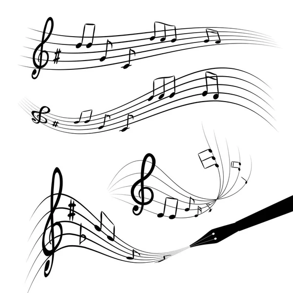 Hand Dras Musik Anteckningar Illustration Vackra Våg Flygande Musikaliska Tecken — Stock vektor