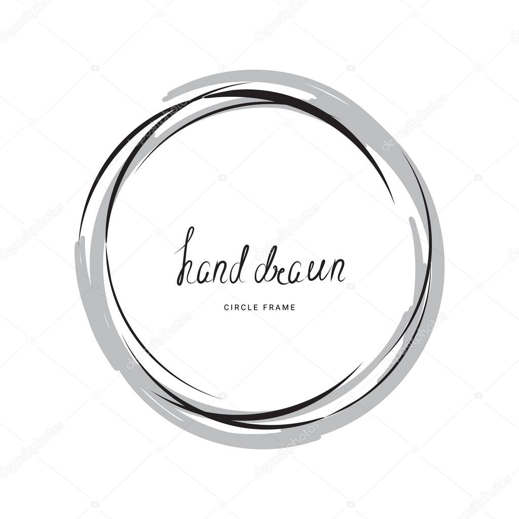 Hand drawn ink line circle or circular doodle sketches scribble. Black round frame isolated on white with place for text. Pencil art imitation