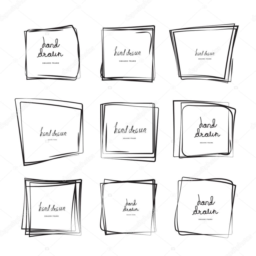 Hand drawn ink line squares vector illustration. Square doodle sketches scribbles for frames isolated on white with place for text. Pencil handwritten art imitation