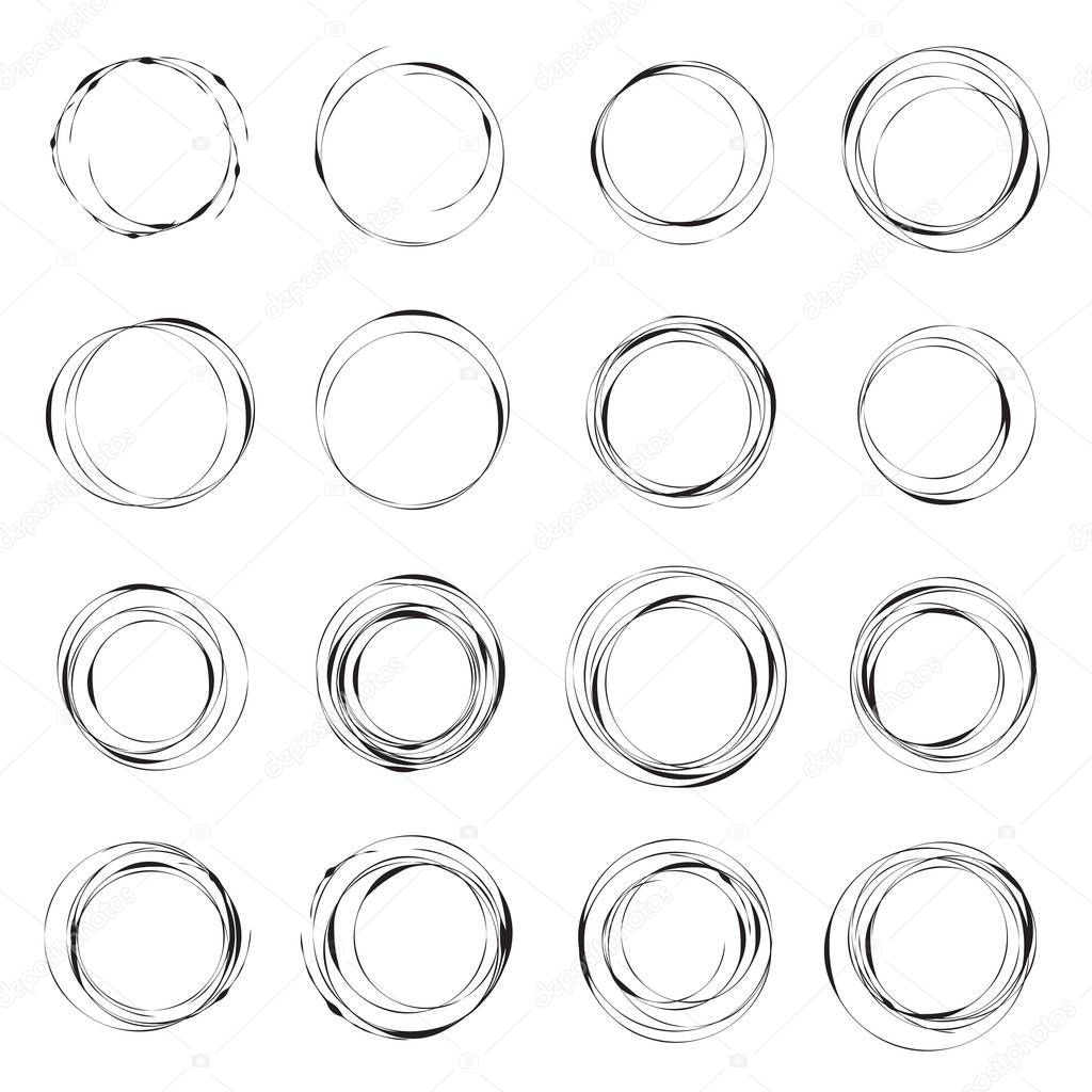 Hand drawn ink line circles vector illustration. Circular doodle sketches scribbles for round frames isolated on white with place for text. Pencil handwritten art imitation