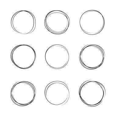 Elle çizilmiş mürekkep satırı daire illüstrasyon vektör. Dairesel doodle karalamalar yuvarlak kare üzerinde beyaz metin için yer ile izole için skeçler. El yazısıyla yazılmış kalem sanat taklit