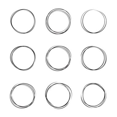 Elle çizilmiş mürekkep satırı daire illüstrasyon vektör. Dairesel doodle karalamalar yuvarlak kare üzerinde beyaz metin için yer ile izole için skeçler. El yazısıyla yazılmış kalem sanat taklit