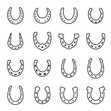 Set of horseshoe vector icon isolated on white background. Horse shoe silhouette as international good luck symbol. Fortune and success sign collection clipart